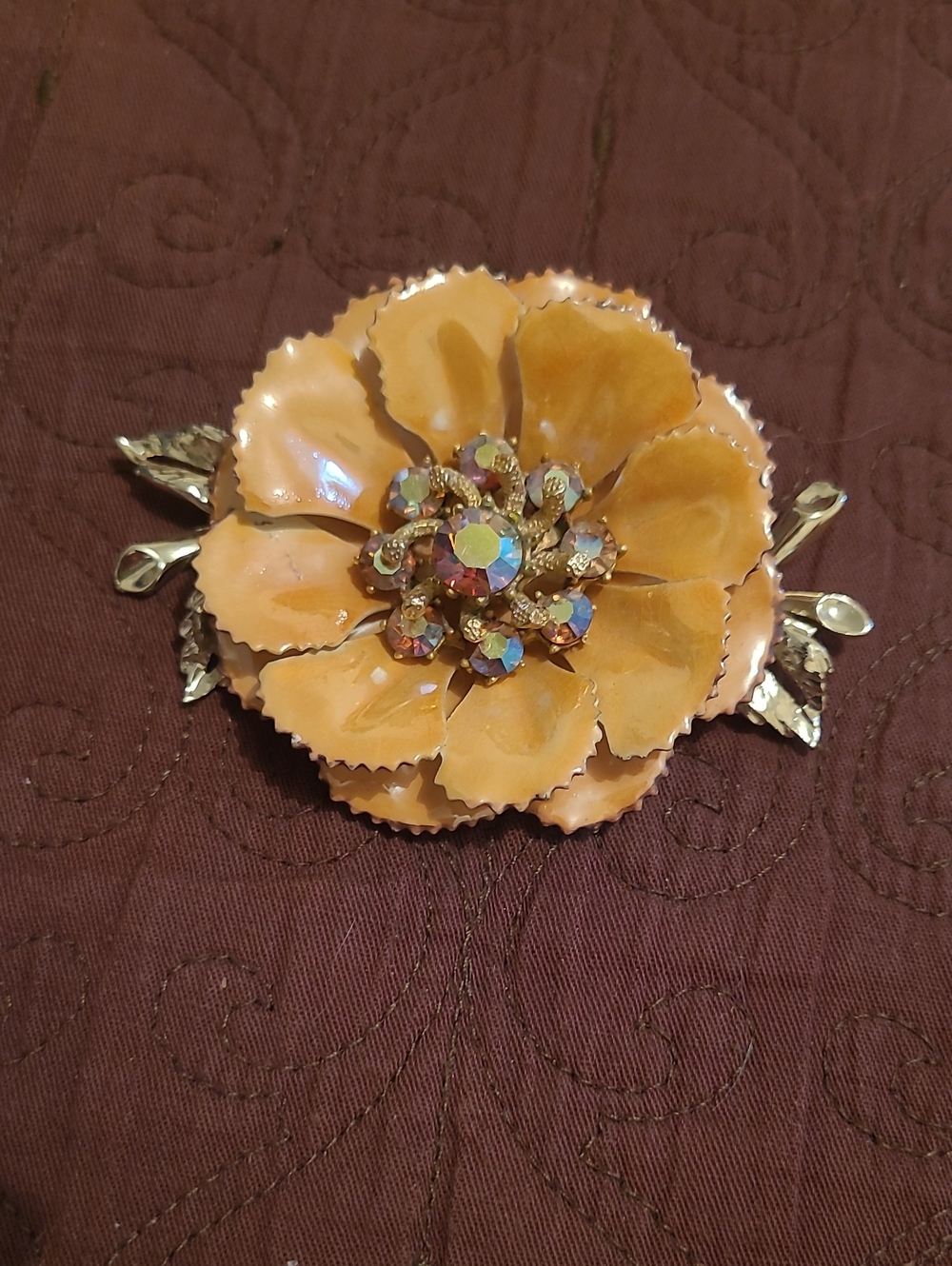 Coro Peach Enamel Flower Brooch with Pale Goldtone & Aurora Borealis Rhinestones